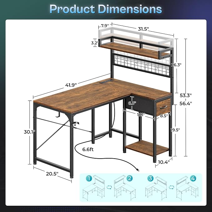 PRAISUN L Shaped Gaming Desk with Shelves, Corner Computer Table with LED Lights, Power Outlets and USB-C Ports, 42 Inch Reversible Home Office Desk with Storage Drawer, Work and Study, Rustic Brown - Image 2