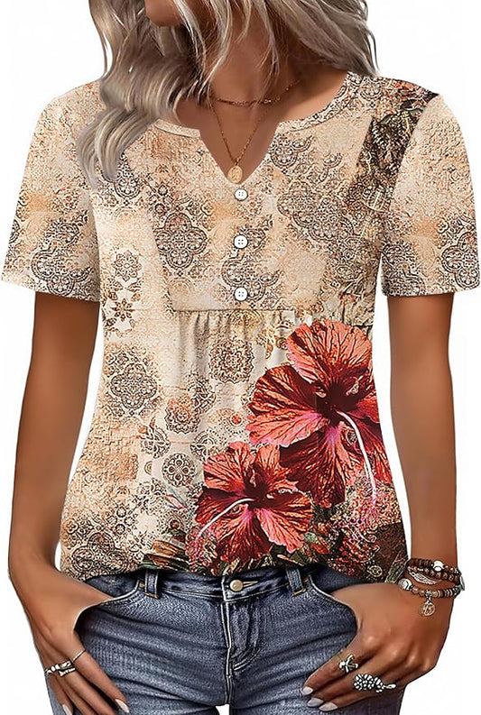 Zeagoo Womens Short Sleeve Tops Summer Henley V-Neck Tshirts Casual Pleated Blouse Dressy Loose Floral Basic Tee by Zeagoo