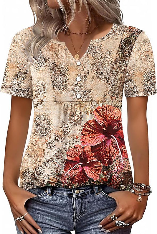 Zeagoo Womens Short Sleeve Tops Summer Henley V-Neck Tshirts Casual Pleated Blouse Dressy Loose Floral Basic Tee by Zeagoo