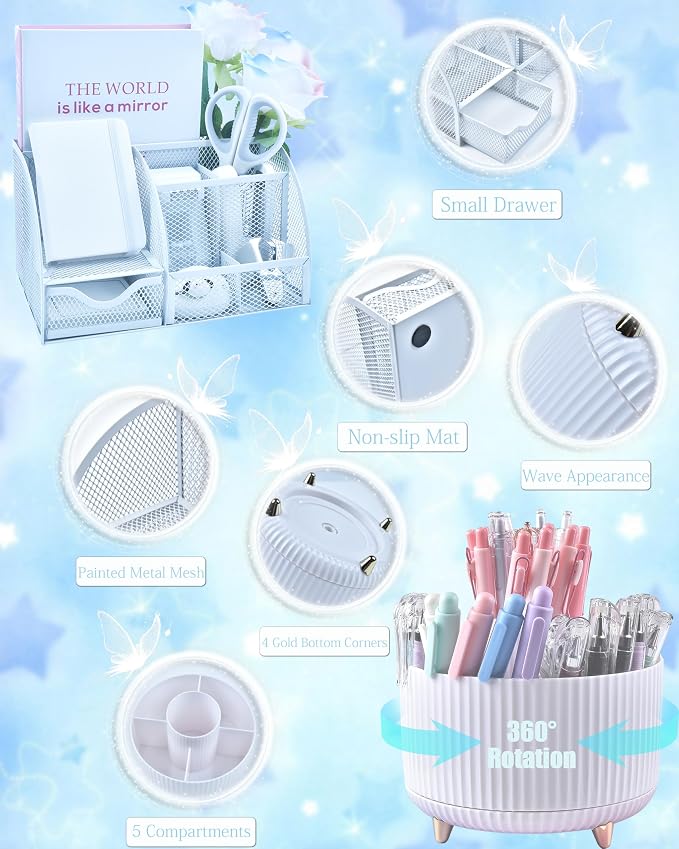 LXEVIHK 20Pcs White Desk Organizers and Accessories With Mesh Desk Organizer and 360°Rotating Pen Holder and a Lot of Office White Office Supplies Beautifully Presented in a Gift Box - Image 2
