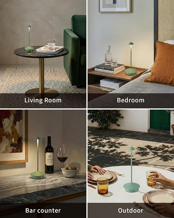 Modern Cordless Table Lamp Set of 2, Green Portable LED Desk Lamps | 4000mAh, Rechargeable, Battery Operated Lighting for Bedroom, Dining Room, Restaurant, Coffee Shop, Camping, Night Light - Image 6