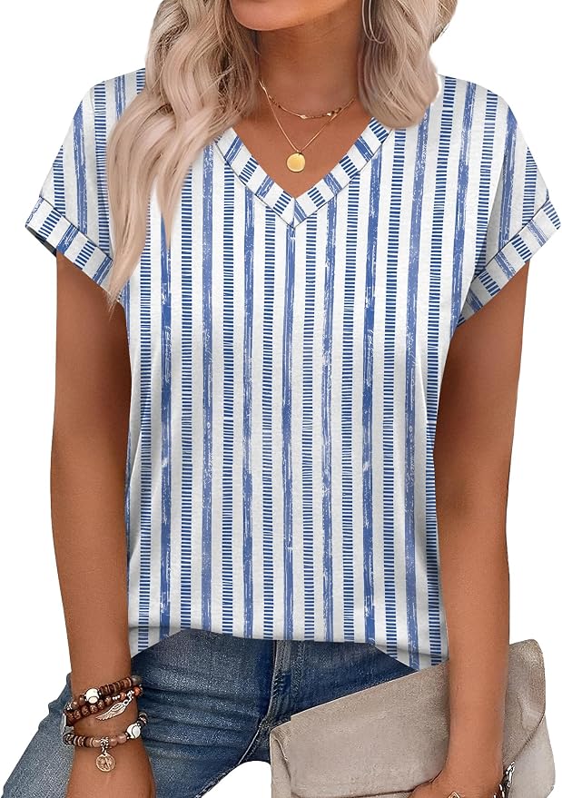 Rapbin Womens Summer Tops Women Blouses Dressy Casual V Neck T Shirts Short Sleeve Spring Tops for Women - Image 2