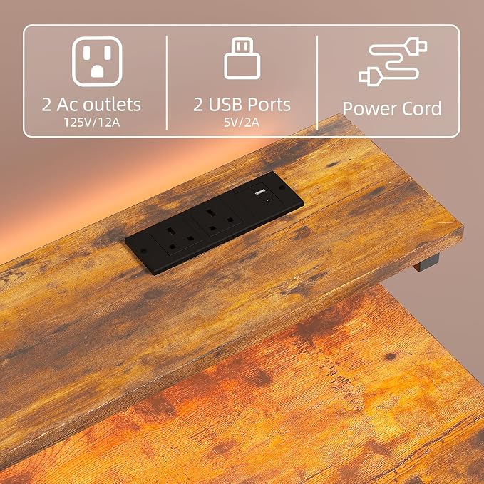 MUTUN Small Desk with Drawers, 31 Inch Computer Desk with Power Outlet & LED Light, Gaming Desk with Adjustable Monitor Stand & Pegboard, Modern PC Study Writing Table for Bedroom, Rustic Brown - Image 4