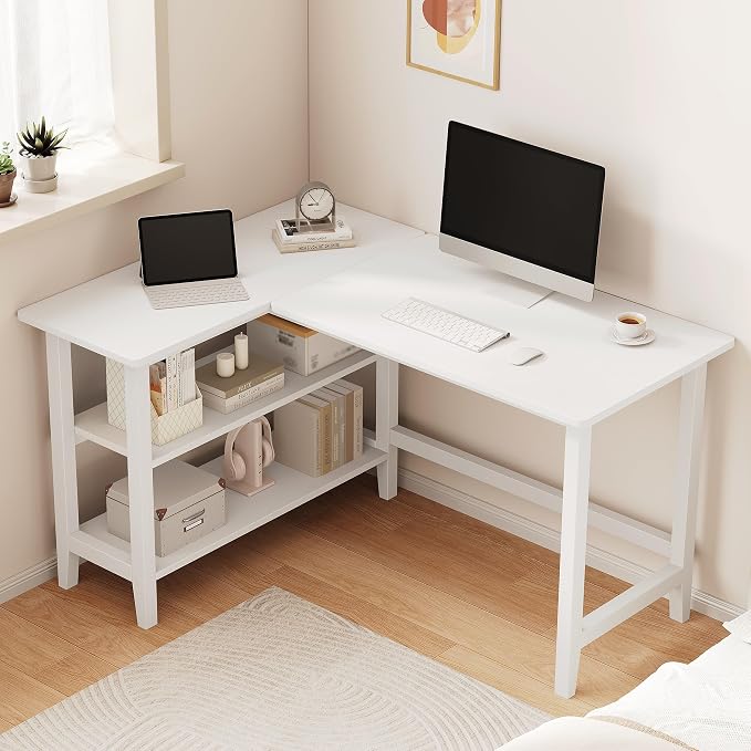 IOTXY Reversible L-Shaped Office Desk - 45" Compact Corner Computer Table with Storage Shelves, Solid Wood Legs, Writing & Study Workstation for Small Spaces, White by IOTXY