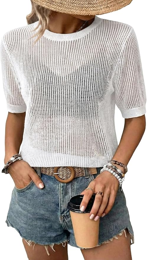 Dokotoo Womens Summer Short Sleeve Crochet Tops Hollow Out Floral Sweaters Beach Vacation Cruise Outfits by Dokotoo