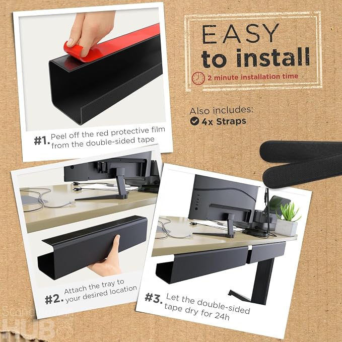 No-Screw Under Desk Cable Management Tray - Self-Adhesive Installation, Cord Management, Cable Tray, Under Desk Wire Organizer - Black Set of 4 - Image 3