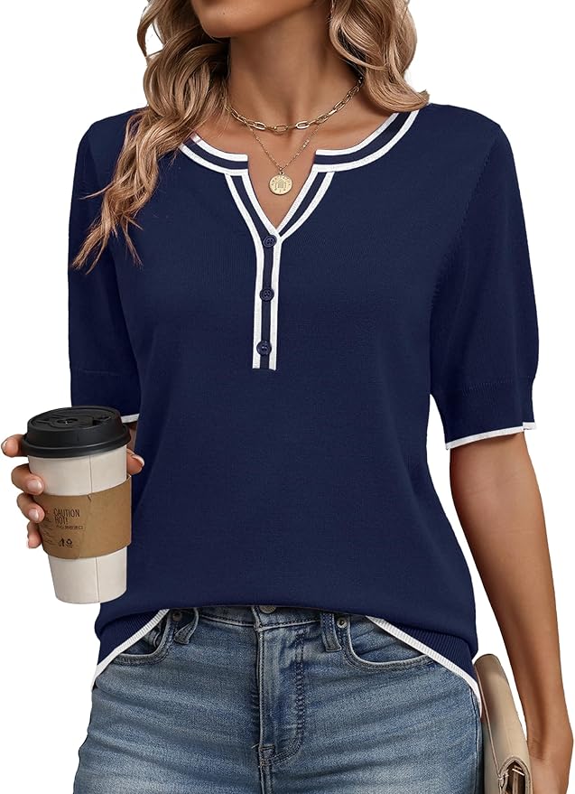 Zeagoo Women's Short Sleeve Sweater 2026 Spring Summer Tops Lightweight Casual V Neck Sweaters Dressy Work Blouses Clothes by Zeagoo