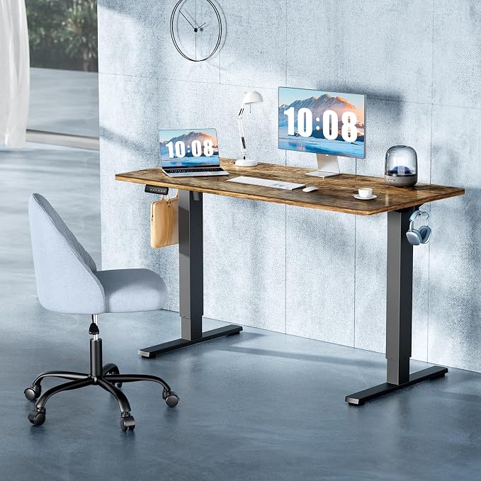 DUMOS 55 Inch Electric Standing Desk, Memory Adjustable Home Office Desk | Sit Stand Up Desk for Work Home Office,Adjustable Desk, Rising Computer Table with Splice Board,Cable Management,Hook,Brown - Image 4