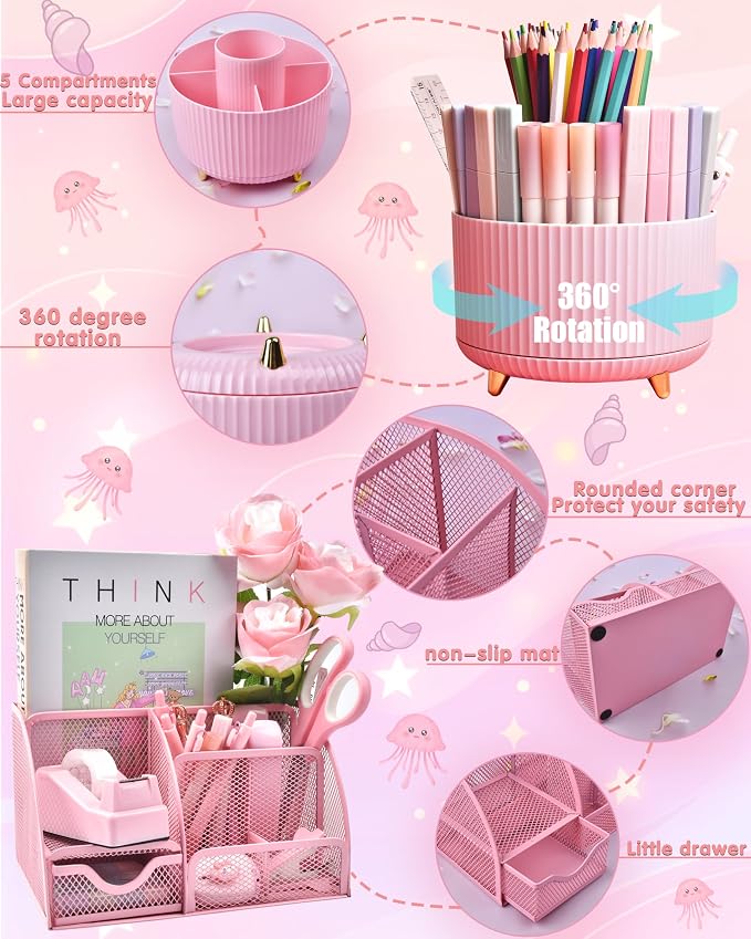 LXEVIHK 21Pcs Pink Desk Organizers and Accessories With Mesh Desk Organizer and 360°Rotating Pen Holder and a Lot of Office Pink Office Supplies Beautifully Presented in a Gift Box - Image 2