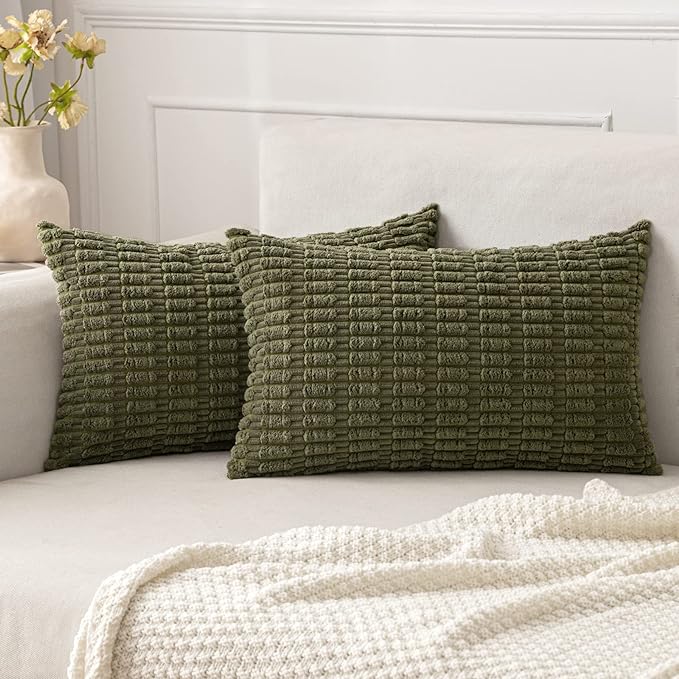 MIULEE Pack of 2 Spring Corduroy Decorative Lumbar Throw Pillow Covers 20x12 Inch Soft Boho Striped Pillow Covers Modern Farmhouse Home Decor for Summer Sofa Living Room Couch Bed Olive Green by MIULEE