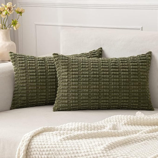 MIULEE Pack of 2 Spring Corduroy Decorative Lumbar Throw Pillow Covers 20x12 Inch Soft Boho Striped Pillow Covers Modern Farmhouse Home Decor for Summer Sofa Living Room Couch Bed Olive Green by MIULEE