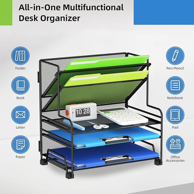 MINDEPOT 4-Tier Paper Organizer + 3-Pocket File Holder, Desktop File Organizers Paper Tray for Office School Classroom Workspace Organization (Black Desk Organizer, No Drawer & No Pen Holder) - Image 4
