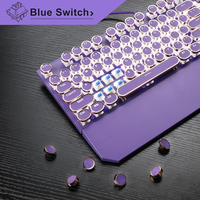 Camiysn Typewriter Style Mechanical Gaming Keyboard, Purple Retro Punk Gaming Keyboard with White Backlit, 104 Keys Blue Switch Wired Cute Keyboards, Round Keycaps for Windows/Mac/PC - Image 2