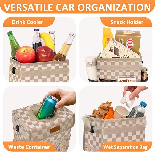 Vankor Car Trash Can Bin with Lid Hanging for Back Seat, Car Accessories for Women Men Leak Proof Automotive Garbage Cans Leakproof Vehicle Trash Can for Truck SUV,Khaki Checkered - Image 6