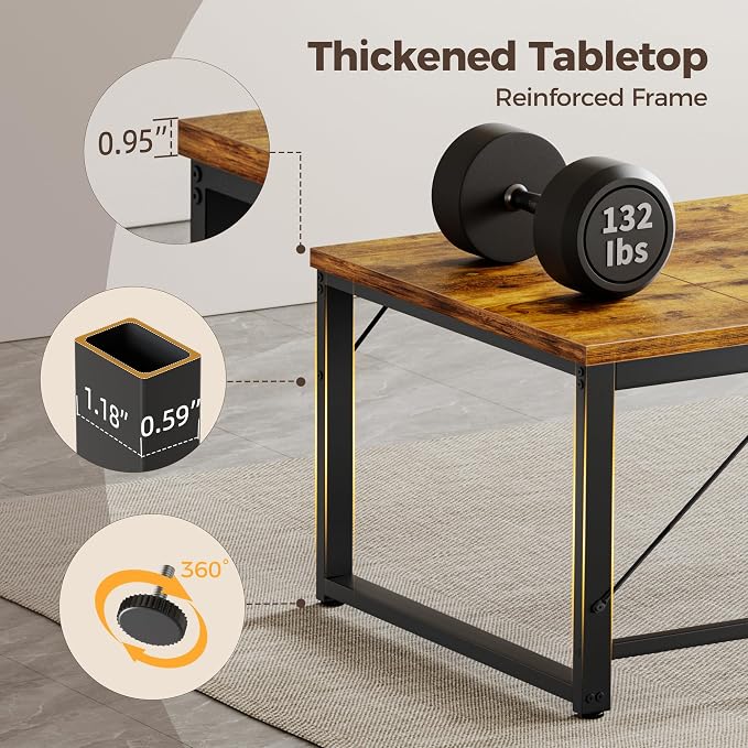 Mericonia 63 Inch Computer Desk, 1" Thick Large Office Table, Brown | Modern Simple Style, Heavy Duty Industrial Frame, Large Study & Writing Table for Home Bedroom Work - Image 4