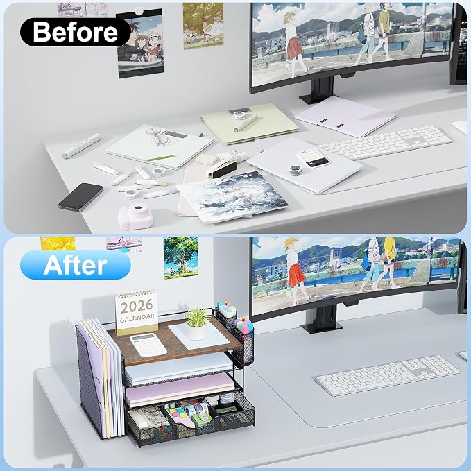 gianotter Desk Organizers and Accessories with File Holder, 4-Tier Desk Accessories & Workspace Organizers with Drawer and 2 Pen Holder, Paper Organizer for Office Supplies (Wood) - Image 2