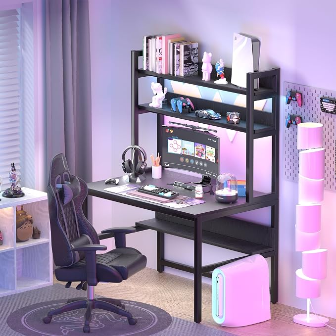 Aquzee Computer Desk with Hutch and Bookshelves, Large Leg Room 55 inch Width Black Desk with Space Saving Storage Shelves, Easy Assemble and All Hardware and Tools Included - Image 2