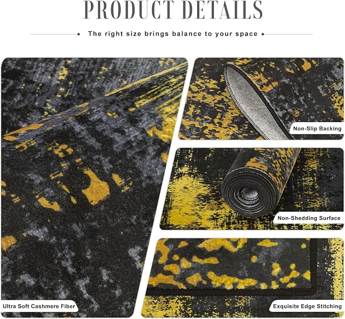 10x14 Area Rug Living Room Rug: Washable Modern Abstract Soft Thin Rug Indoor Floor No Slip Carpet for Bedroom Dining Room Farmhouse Nursery Home Office - Dark Black Gold - Image 5