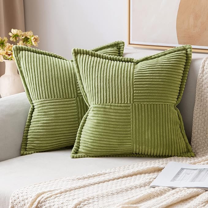 MIULEE Spring Decorative Throw Pillow Covers for Couch Bed Livingroom 18x18 Inch Set of 2 Green Boho Accent Throw Pllows Broadside Striped Patchwork Soft Corduroy Summer Pillowcases by MIULEE