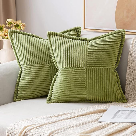 MIULEE Spring Decorative Throw Pillow Covers for Couch Bed Livingroom 20x20 Inch Set of 2 Green Boho Accent Throw Pllows Broadside Striped Patchwork Soft Corduroy Summer Pillowcases by MIULEE