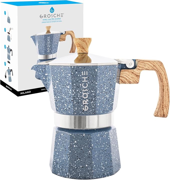 GROSCHE Milano Stovetop Espresso Maker Moka Pot 3 espresso Cup, 5 oz Indigo | Cuban Coffee Maker And Italian Moka Pot For Stovetop Espresso; For Gas, Electric, And Propane Stoves With A Soft-Touch Handle by GROSCHE
