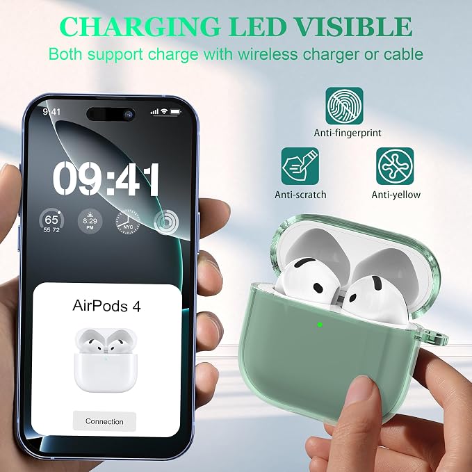 for AirPods 4th Generation Case Cover 2024, Military-Grade Shockproof, Soft TPU Highly Transparent Anti-Yellowing for AirPods 4 Case with Cleaning Kit & Cute Round Buckle, Clear Green - Image 3