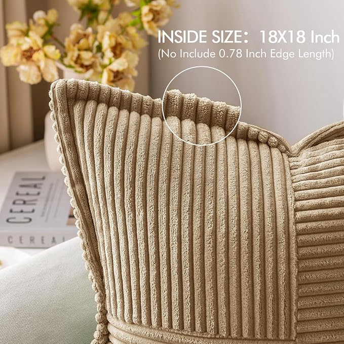 MIULEE Decorative Throw Pillow Covers for Couch Bed Livingroom 18x18 Inch Set of 2 Khaki Boho Accent Throw Pllows Broadside Striped Patchwork Soft Corduroy Pillowcases - Image 2