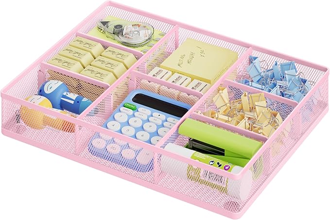 Marbrasse Pink Desk Drawer Organizer, Metal Mesh Drawer Organizer Tray with 5 Adjustable Compartments,Desk Organizers and Accessories for Home,Office,Kitchen,Makeup,Vanity (Pink) by Marbrasse