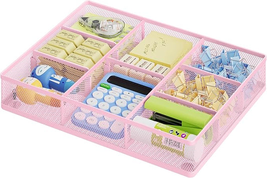 Marbrasse Pink Desk Drawer Organizer, Metal Mesh Drawer Organizer Tray with 5 Adjustable Compartments,Desk Organizers and Accessories for Home,Office,Kitchen,Makeup,Vanity (Pink) by Marbrasse