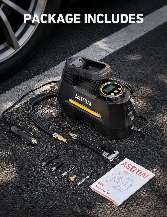 AstroAI AIRUN H Tire Inflator Portable Air Compressor,9.8Ft Cord-12VDC-Powered Auto Shut-Off,Fast Inflation Electric Air Pump for Car Tires-Car Accessories with Digital Pressure Gauge,LED Light,Yellow - Image 9