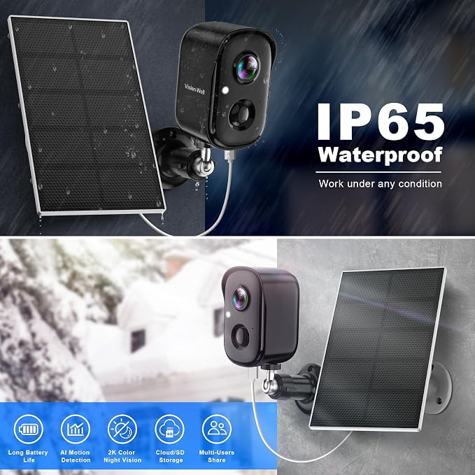 Security Cameras Wireless Outdoor, 2K Solar Cameras for Home Security, WiFi Cameras Battery Powered, AI Motion Detection, Color Night Vision, 2-Way Talk, Spotlight Siren Alarm-Black Grey Solar Camera - Image 2