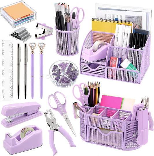 17 in 1 Purple Desk Organizers and Accessories Set, 3 Office Desk Supplies Storage Organization, 4 Pens, Stapler, Staples & Remover, Tape & Dispenser, Scissors, Ruler, Clips, Hole Punch Back to School by Froidesente