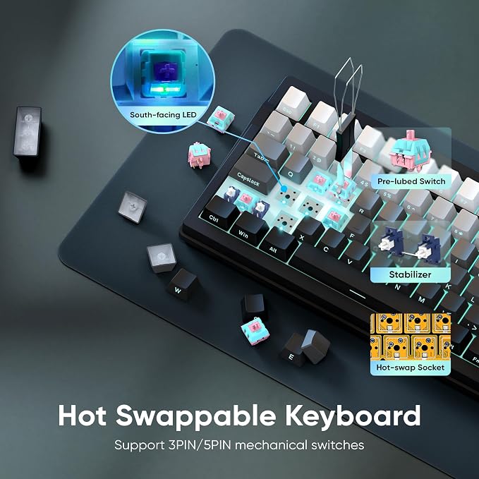 RedThunder K95 Wireless Mechanical Keyboard,TFT Screen & Knob, Trip-Modes Connection, Gasket Custom Hot-Swap Keyboard, RGB Backlit, Pre-lubed Linear Switches, Side Printed PBT Keycaps, Gray Gradient - Image 6
