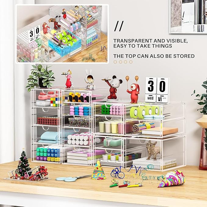 caktraie 4-Pack Acrylic 16-Drawer Storage & Makeup Organizer for Desk | Smooth-glide drawers, clear acrylic, stackable, dustproof, wipe clean, for office supplies, pens, jewelry, makeup - Image 6