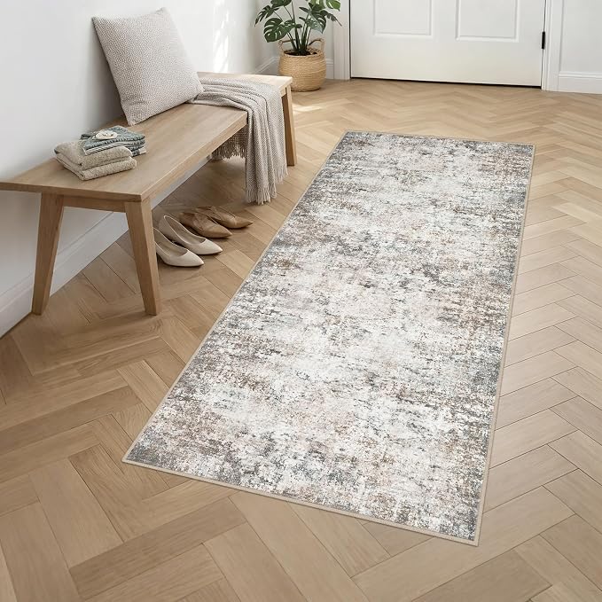 Washable Area Rug 3x8 Entryway Rug: Washable Modern Abstract Soft Thin Rug Indoor Floor No Slip Stain Resistant Carpet for Bedroom Dining Room Farmhouse Nursery Home Office - Brown Grey - Image 3