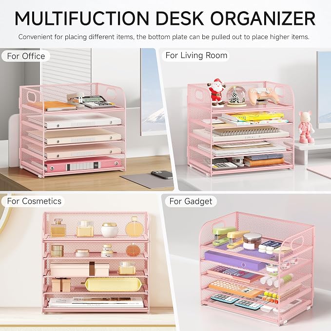 5 Tray Paper Organizer Letter Tray with Handle - Mesh Desk File Organizer, Paper Sorter Organizer for Office, Home or School File Folder Holder - Pink - Image 5