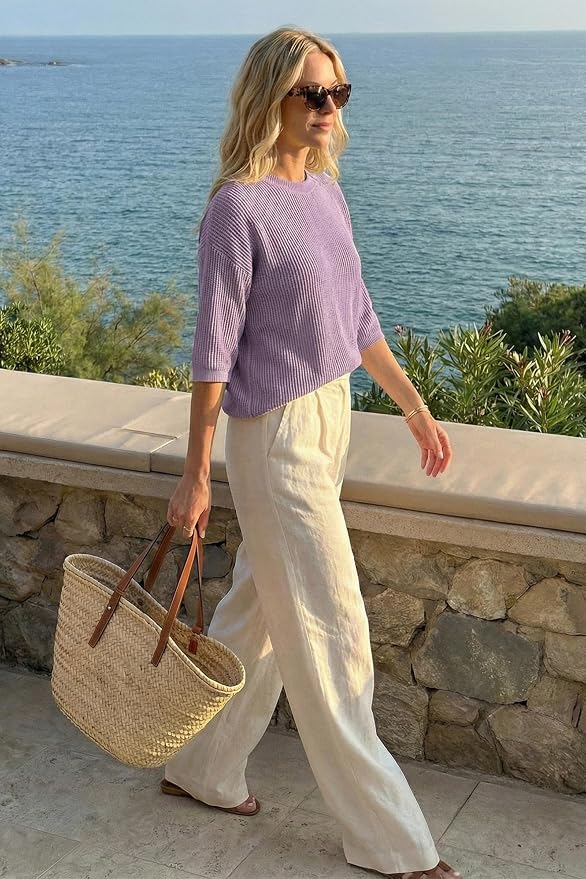 Arach&Cloz Womens Summer 100% Cotton Oversized Crochet Tops 3/4 Length Sleeve Sweater Hollow Out Casual Blouses 2026 - Image 5