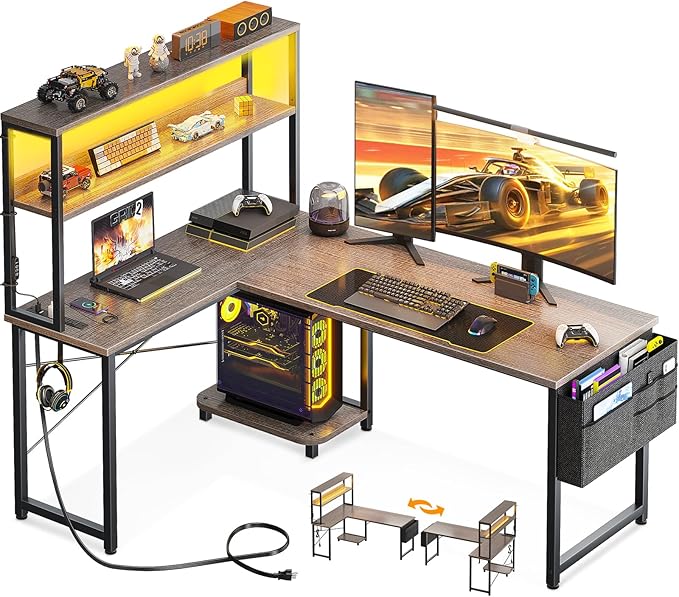 AODK L Shaped Desk Gaming Desk with LED Light & Power Outlet | 53 Inch Grey Oak Reversible L Shaped Computer Table with Shelf & Storage Bag & Hook for Home Office by AODK
