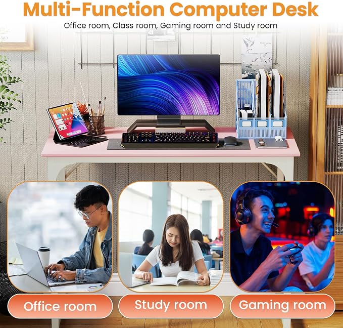 PayLessHere | 39 Inch Computer Desk | Pink | Office Desk with Metal Frame, Adjustable Feet | Water-Resistant, Scratchproof Surface | Sturdy Writing Table for Home Office or Study | Pack of 1 - Image 5