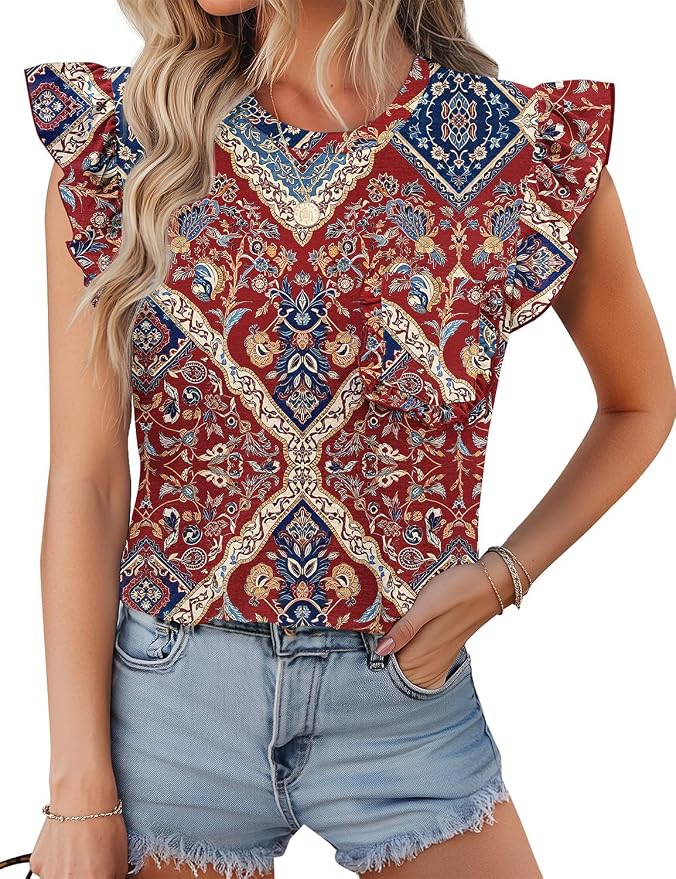 JUSTFASHIONNOW Womens Summer Tops Striped T-Shirts 2026 Ruffle Short Sleeve Crew Neck Casual Blouses with Pocket - Image 2