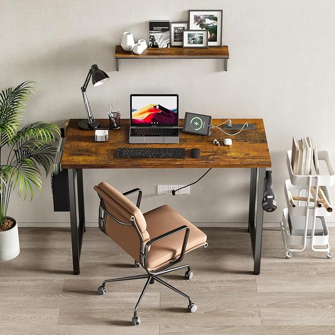 Lufeiya 40 inch Computer Desk with Power Outlet, 39 inch Teen Study Table Home Office Work Writing Desk with Charging Station Outlets Built in, Rustic Brown - Image 2