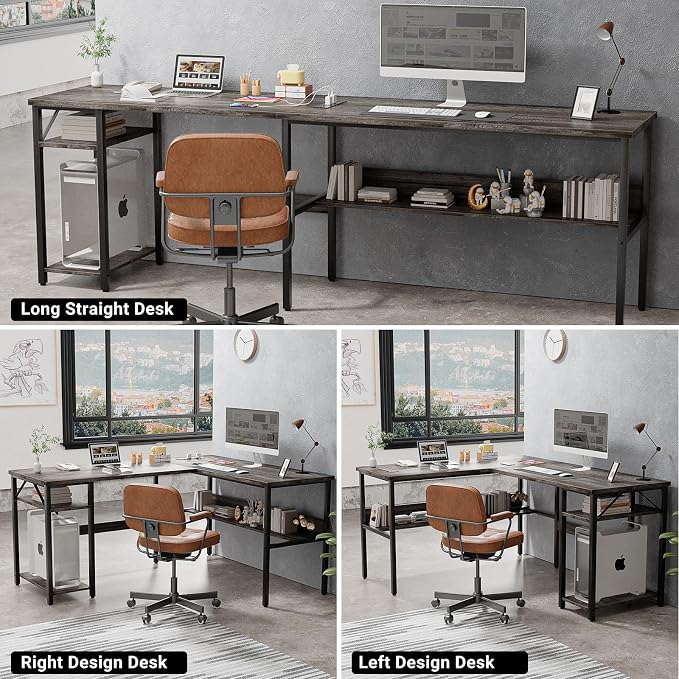 Unikito Reversible L Shaped Desk with Magic Power Outlets and USB Charging Ports, Sturdy Corner Computer Desk with Storage Shelves, Gaming Desk for Home Office, Easy to Assemble, Black Oak - Image 6