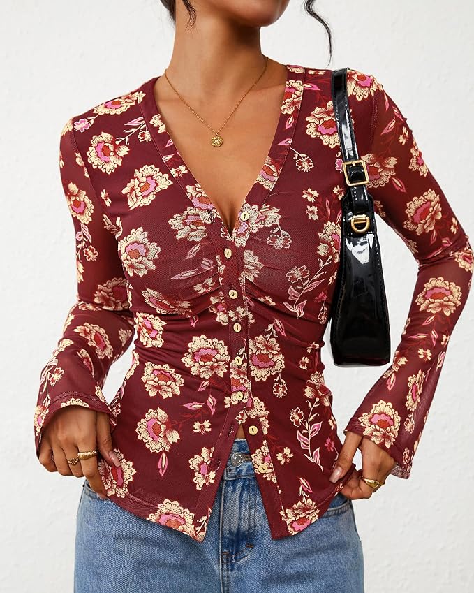 BTFBM Button Down Shirts for Women 2026 Fall Boho Tops V Neck Long Sleeve Blouses Ruched Mesh Fitted Fashion Clothing - Image 5