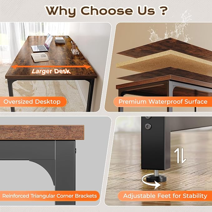Huuger 71 x 31.5 Inch Desk with Power Outlets & USB-C, 0.95 Inch Thicker Desktop, Robust Metal Tubes, Deep Computer Desk, Heavy Duty Office Desk, Work Desk for Home Office, Rustic Brown - Image 9