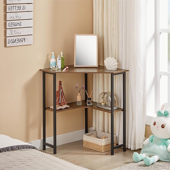 VECELO Small Corner Computer Desk 33 x 23 inches with Storage Shelves for Small Spaces,Triangular Shape,Brown - Image 4