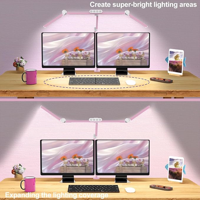 Micomlan Architect Desk Lamp for Home Office, Pink Desk Lamp with Clamp for Working, 24W Bright Rotatable Led Table Light Stepless Dimming Tempering Wide Computer Light for Crafting Puzzle Hobby - Image 2