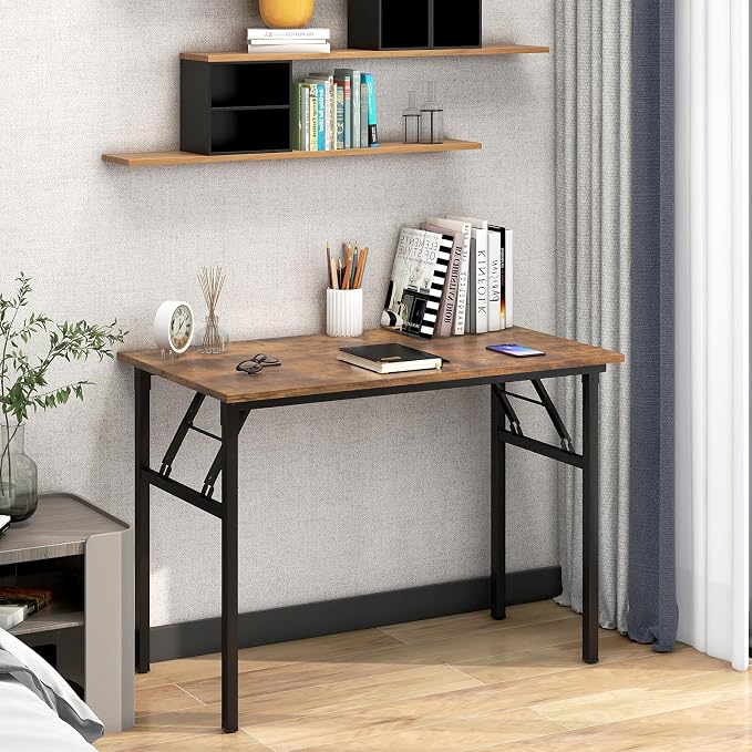 Need Office Computer Desk 39.3 Inch Sturdy Folding Laptop Table Retro | Black Frame Writing Gaming Work Table/Foldable Home Office Desk/Sewing Table, No Assembly Required - Image 6