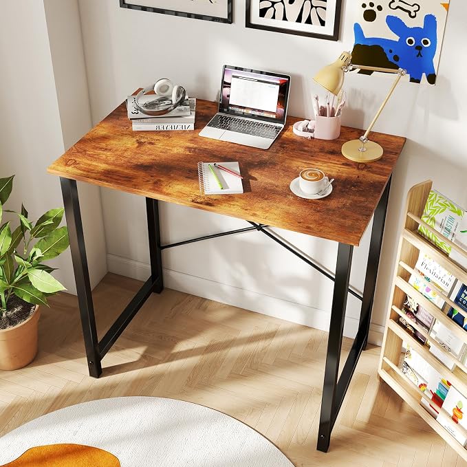 DUMOS 32 Inch Small Computer Desk, Gaming Desks for Home Office Bedroom | Modern Study Writing Work Table, Craft PC Desk Simple Workstation with Reinforcement Structure, Rustic Brown - Image 2