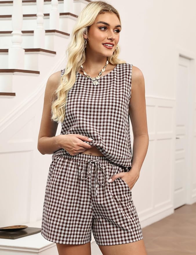 LOMON Women's Trendy 2 Piece Outfits Shorts Sets Summer Crew Neck Sleeveless Tank Top and Bottom Matching with Pockets 2026 - Image 2