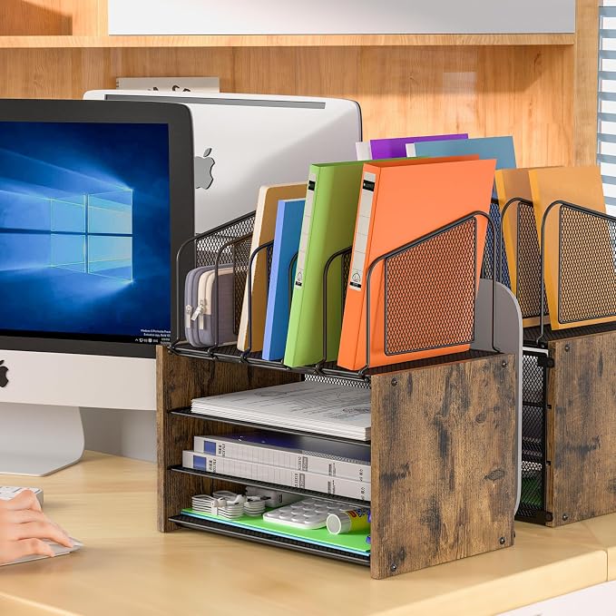 4-Tier Desk Organizer, Desk File Organizer with 5 Vertical File Holders, Office Desktop Organizer with 3 Level Paper Organizer Letter Tray, Wooden Desk Organizers and Accessories for Home Office - Image 3